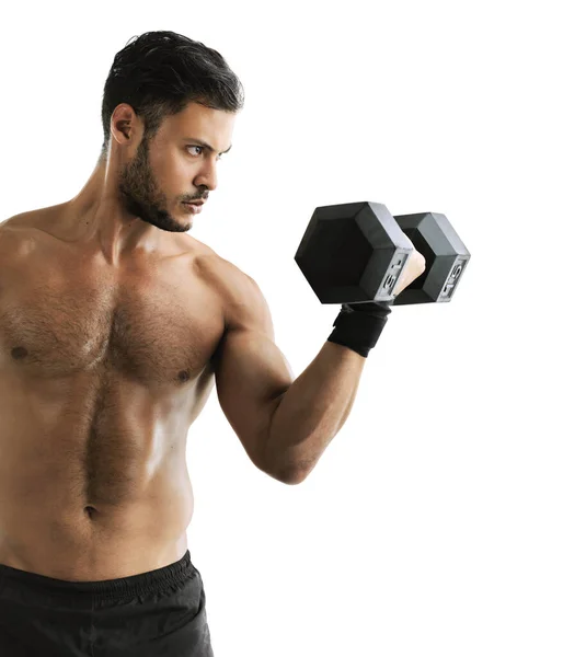 Tona Biceps Studio Skott Passform Ung Man Lyfta Hantel Mot — Stockfoto