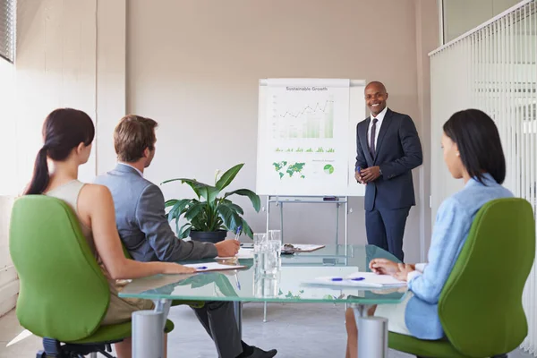 Pleased Report Companys Doing Great Business Manager Presenting Financial Data — Stock Photo, Image