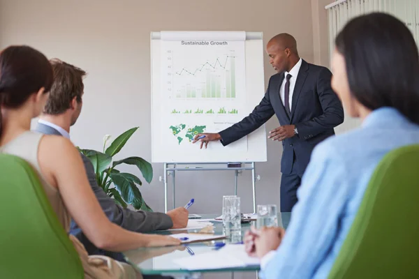 Expanding Business Globally Business Manager Presenting Financial Data His Colleagues — Stock Photo, Image