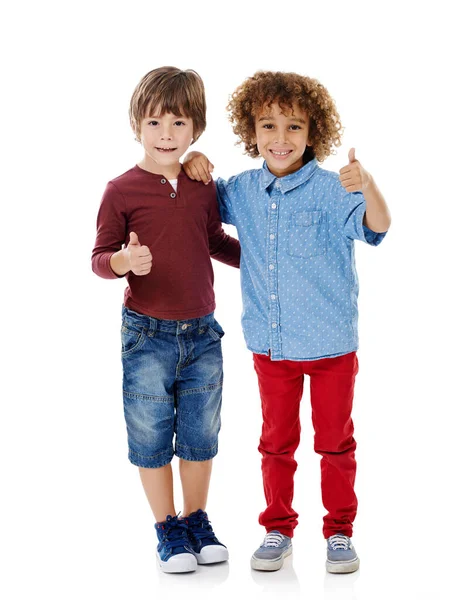 Good Shot Studio Shot Two Cute Little Boys Giving You — Stock Photo, Image