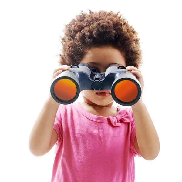 Whats Going Studio Shot Cute Little Girl Looking Set Binoculars — Stock Photo, Image