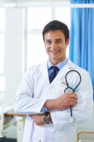 Ready Make Diagnosis Portrait Handsome Young Doctor Holding Patient Chart — Stock Photo, Image