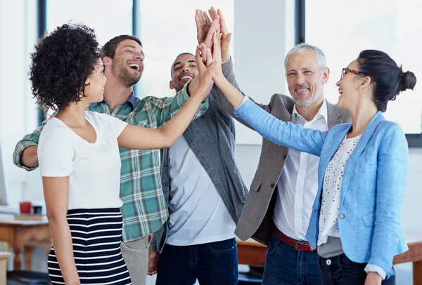 All One Group Happy Coworkers High Fiving While Standing Office — Stock Photo, Image