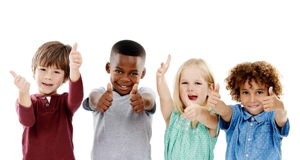 Children Group Thumbs Diversity Studio Portrait Smile Agreement White Background — Stock Photo, Image