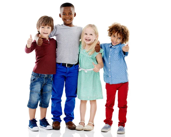 Kids Group Thumbs Diversity Studio Portrait Smile Hug Care White — Stock Photo, Image