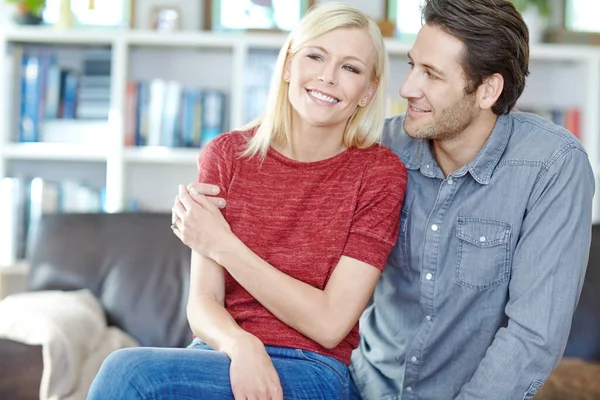 Shes Special Girl Young Couple Sitting Together Living Room — Stock Photo, Image