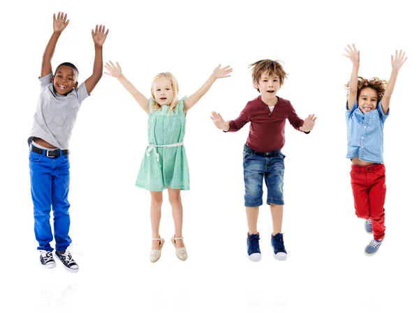 Happy Jumping Portrait Children Studio Diversity Friends Playing Happiness Youth — Stock Photo, Image