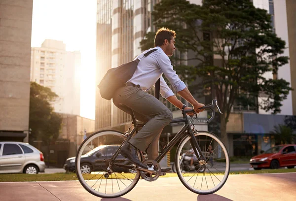 Manhã Bicicleta Homem Negócios Cidade Para Transporte Movimento Comutação Carbono — Fotografia de Stock