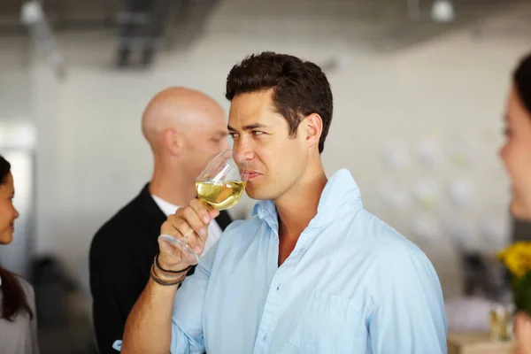 Enjoying Complimentary Drinks Handsome Young Man Drinking Glass Wine Office — Stock Photo, Image