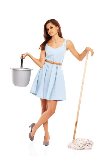 Unexcited Having Clean Young Woman Holding Bucket Mop White Background — Stock Photo, Image