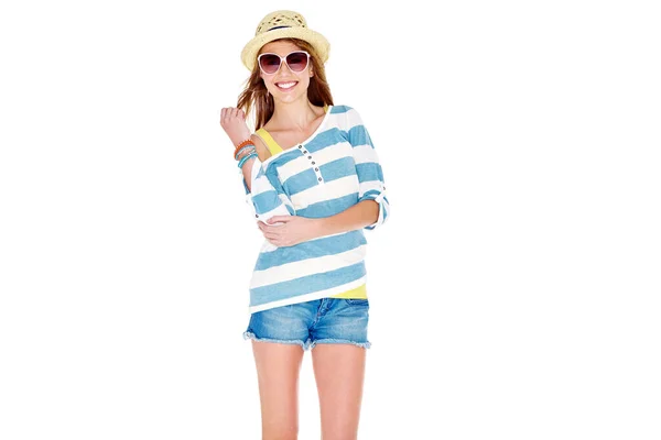 Olhando Sentindo Bem Estúdio Tiro Uma Jovem Vestida Para Verão — Fotografia de Stock