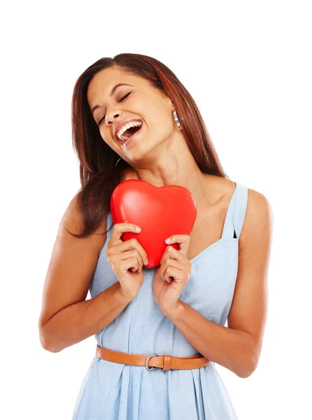 Romantic Heart Young Woman Holding Red Heart Smiling White Background — Stock Photo, Image