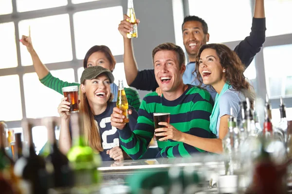 Wow What Game Drinks Group Friends Cheering Favourite Team Bar — Stock Photo, Image
