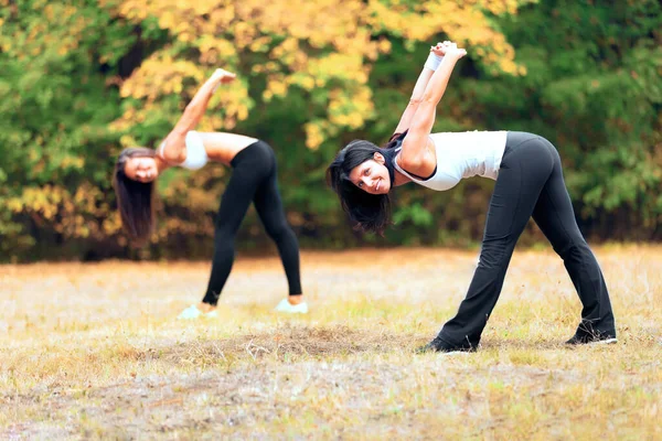 Mujeres Estiramiento Yoga Retrato Parque Aire Libre Para Hacer Ejercicio —  Fotos de Stock