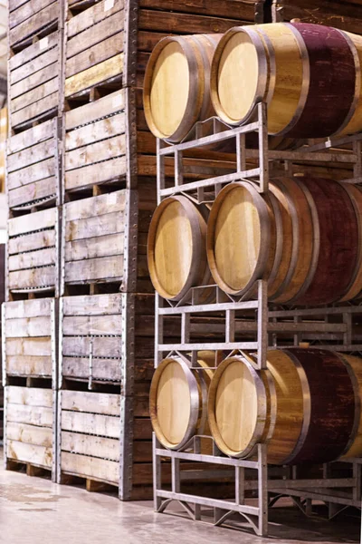 酒窖中用于生产 制造或发酵酒精的酒 储存和橡木桶 工厂或工厂中的库存 木材容器和有饮料产品的工业 — 图库照片