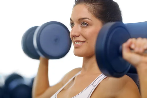 Showing Dumbbells Whos Boss Beautiful Young Woman Exercising Weights Gym — Stock Photo, Image