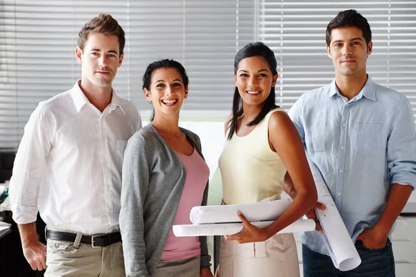 Successful Team Architects Confident Team Architects Smiling You While Holding — Stock Photo, Image