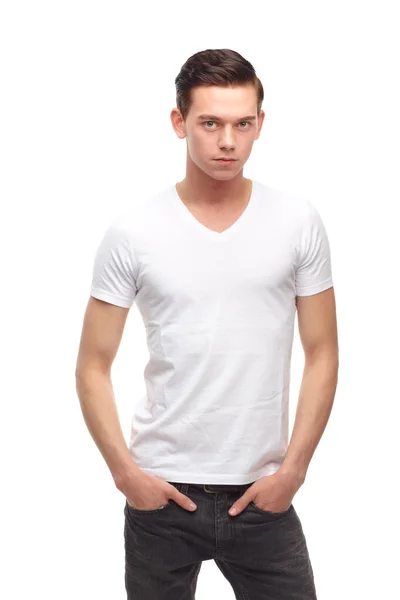 Casually Handsome Cropped Portrait Confident Young Man Isolated White — Stock Photo, Image