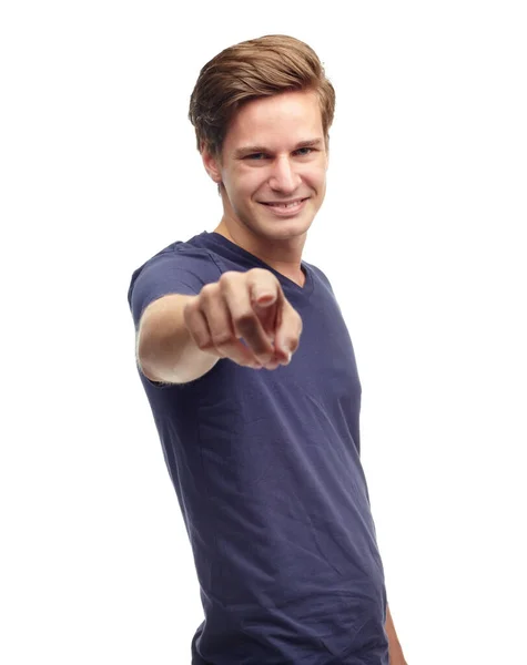 Casually Handsome Cropped Portrait Happy Young Man Pointing Camera Isolated — Stock Photo, Image