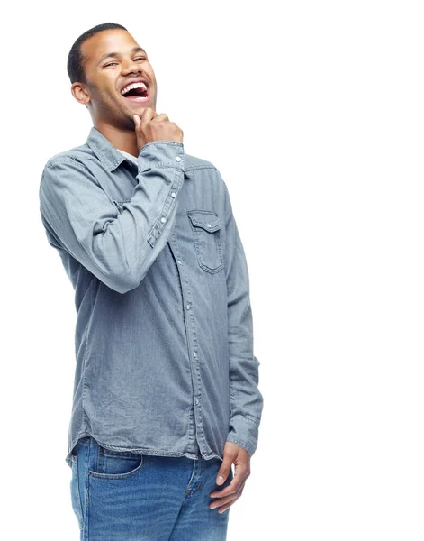 Sebevědomý Hezký Oříznutý Portrét Šťastného Mladého Muže Smějícího Izolovaný Bílém — Stock fotografie
