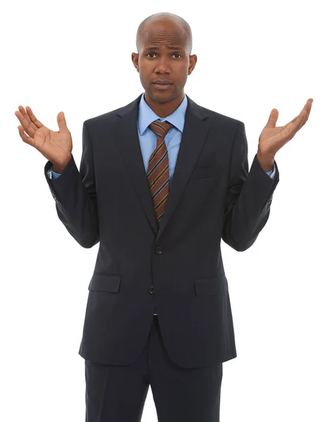 艰难的决定 一个非裔美国商人站在那里 双手高举 很奇怪 — 图库照片
