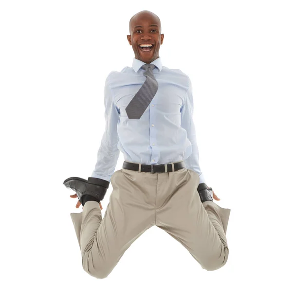 Skacze Radości Młody Afrykańsko Amerykański Mężczyzna Skaczący Powietrzu Radośnie Zdjęcie Stockowe