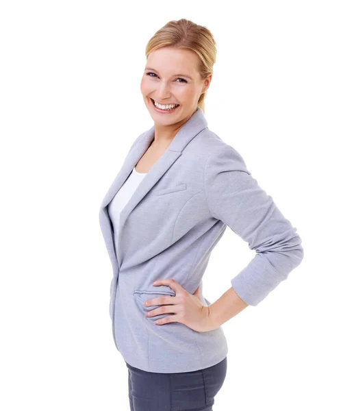 Confiança Brilho Uma Mulher Negócios Com Lindo Sorriso Isolado — Fotografia de Stock