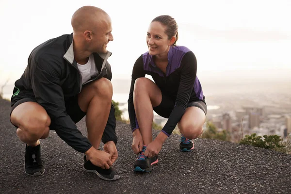 Dedicated Fitness Each Other Sporty Couple Stretching Tying Shoelaces Run — Stock Photo, Image