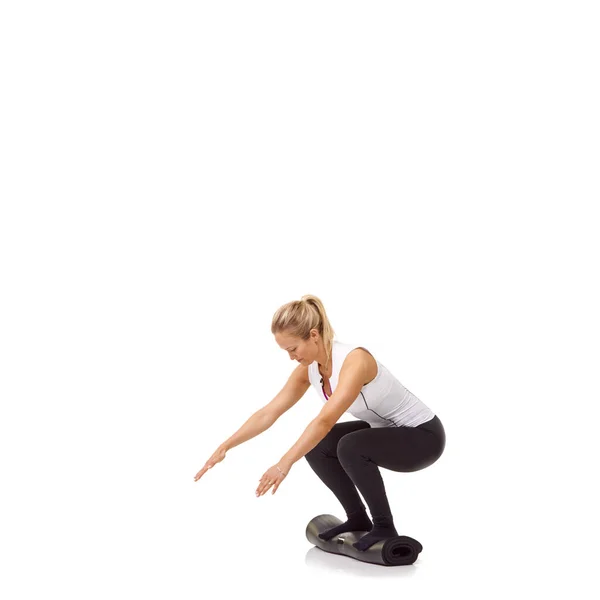Enhancing Her Stability Pretty Young Woman Crouching Her Rolled Exercise — Stock Photo, Image