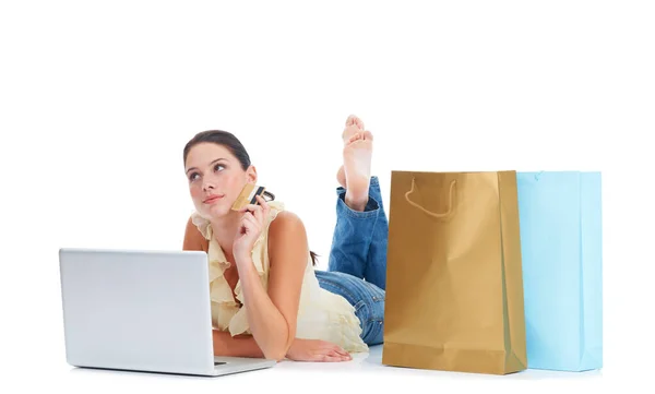 Online Shopping Laptop Credit Card Woman Thinking Floor Fintech Payment — Stock Photo, Image