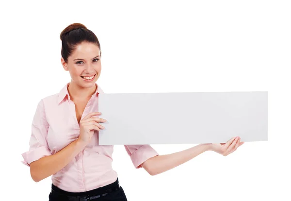 Presenting Your Message Attractive Young Women Holding Blank Banner Isolated — Stock Photo, Image