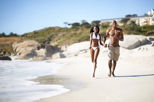 Exercise Summer Sun Young African American Couple Running Beach Hand — Stock Photo, Image