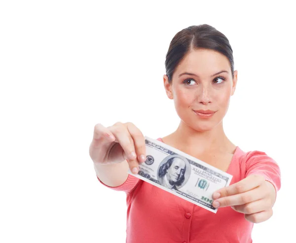 Düşünen Kadın Para Dolar Beyaz Arka Planda Izole Edilmiş Yatırım — Stok fotoğraf