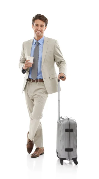 Traveling Light Studio Portrait Young Businessman Suitcase Coffee Isolated White — Stock Photo, Image