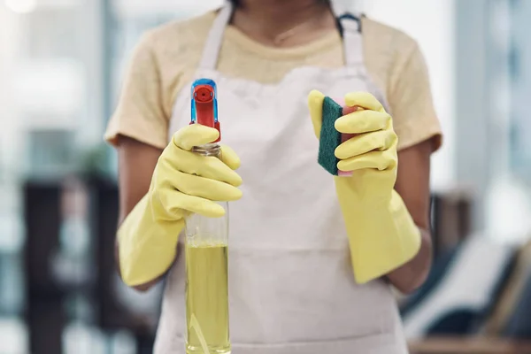 Time Eliminate Those Germs Unrecognisable Woman Using Rubber Gloves Disinfectant — Stock Photo, Image