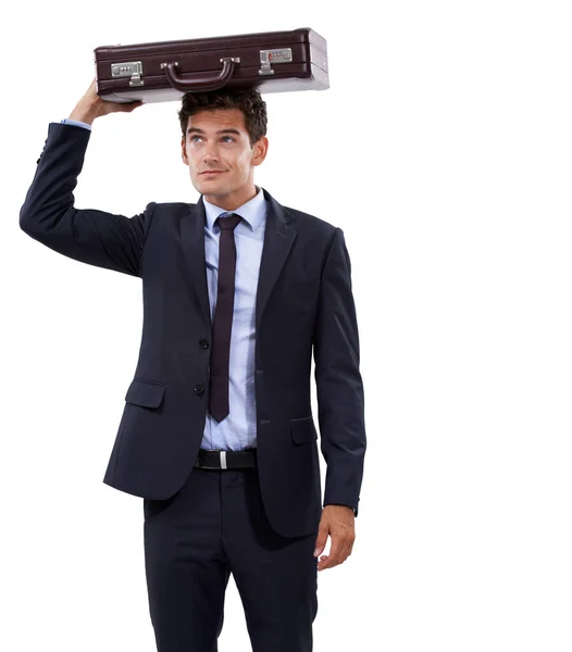 Just Incase Young Businessman Holding His Suitcase Top His Head — Stock Photo, Image
