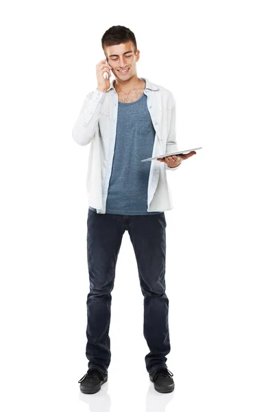 Life Centered Technology Full Length Image Casual Male Talking His — Stock Photo, Image