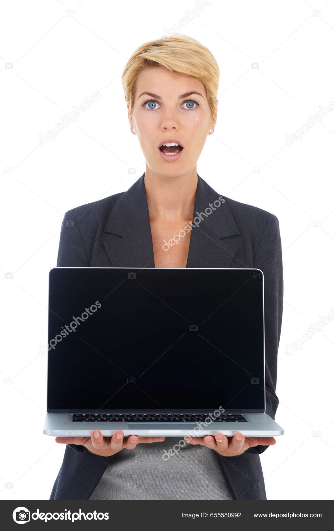 Features　Photo　Showing　Young　Laptop　Blank　Screen　Businesswoman　by　Laptops　Awe　Stock　You　655580992