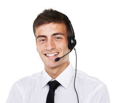 Merhaba. Nasıl yardımcı olabilirim? Kulaklık takan gülümseyen bir iş adamının portresi.