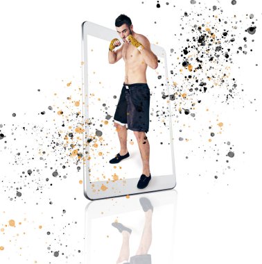 Portre, dövüş, mobil uygulama, eğitim ve beyaz bir stüdyoda izole edilmiş bir adam. Yüz, erkek boksör ve atlet akıllı telefon, teknoloji ve maç ve motivasyon pratiği ile.