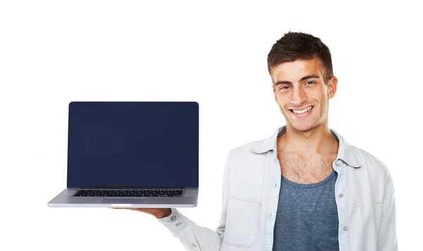 Moja Praca Życiu Jest Tutaj Uśmiechnięty Mężczyzna Trzymający Laptopa — Zdjęcie stockowe