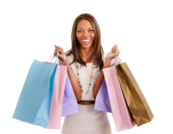 购物让我快乐 一个快乐的少数民族女人拿着很多购物袋 看上去很兴奋的画像 — 图库照片