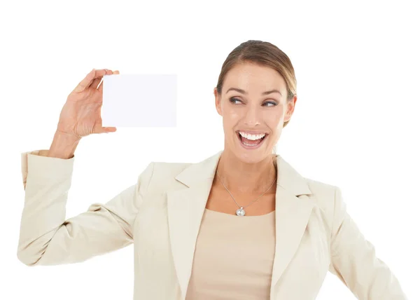 Entusiasmada Por Ter Respostas Mão Uma Empresária Atraente Segurando Cartão — Fotografia de Stock