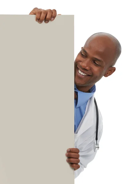 Endorsing Your Healthcare Message Young Male Doctor Standing Board Reserved — Stock Photo, Image