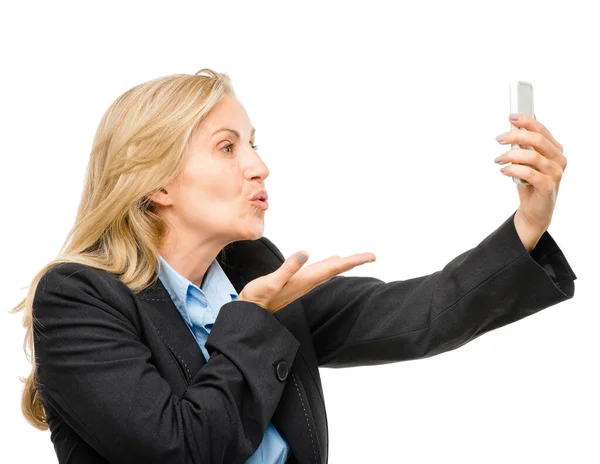 Puedo Esperar Verte Una Mujer Negocios Senior Tomando Selfies Usando — Foto de Stock