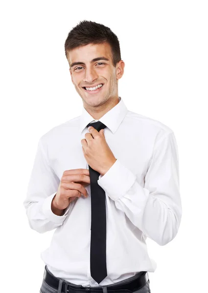 Obleč Portrét Usmívajícího Obchodníka Bílým Pozadím — Stock fotografie