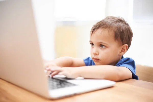 Dactilografar Jovem Curioso Brincando Com Laptop — Fotografia de Stock