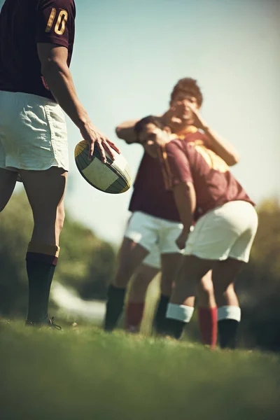 Signál Zadní Snímek Mladého Rugby Hráče Při Lineout — Stock fotografie