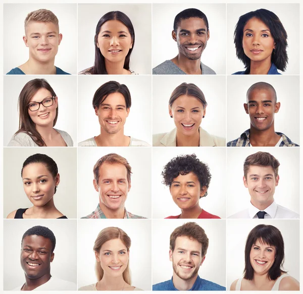 在社会多样性或种族的社区群体中 快乐的人的拼图 面部拼贴或肖像 全球男男女女的头像 国家或蒙太奇在被白色背景隔离的演播室里微笑 — 图库照片