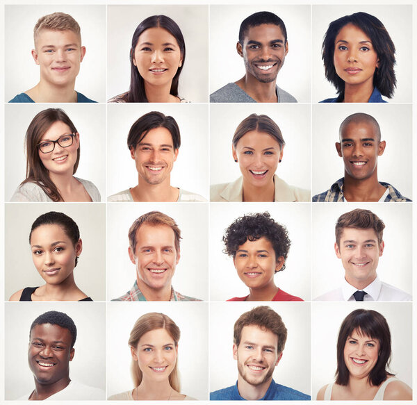 Mosaic, face collage or portrait of happy people in a community group of society diversity or race. Headshot, country or montage of global men or women smile in studio isolated on white background.